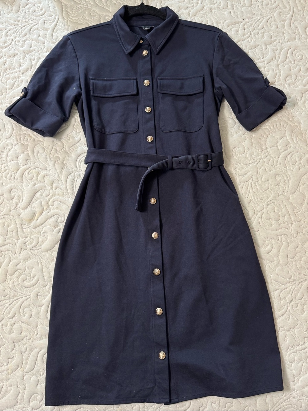 Ann Taylor Navy Belted Military Shirt Midi Dress